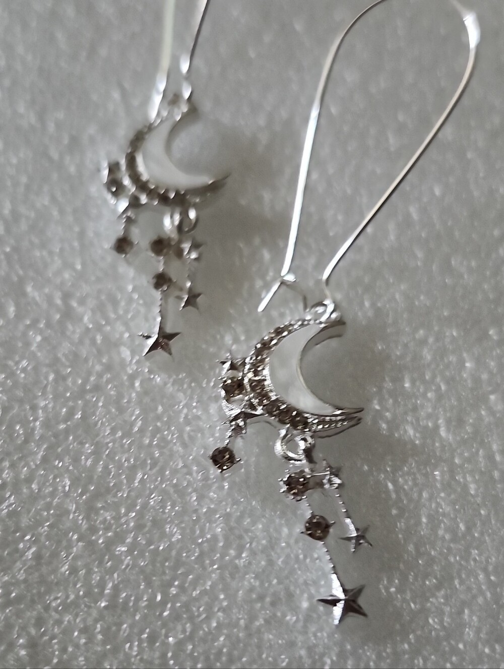 Hand Crafted Silver Moon & Star Drop Earrings - Silver Tone